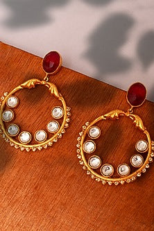 Gold Plated Ruby & Kundan Polki Dangler Earrings In Sterling Silver