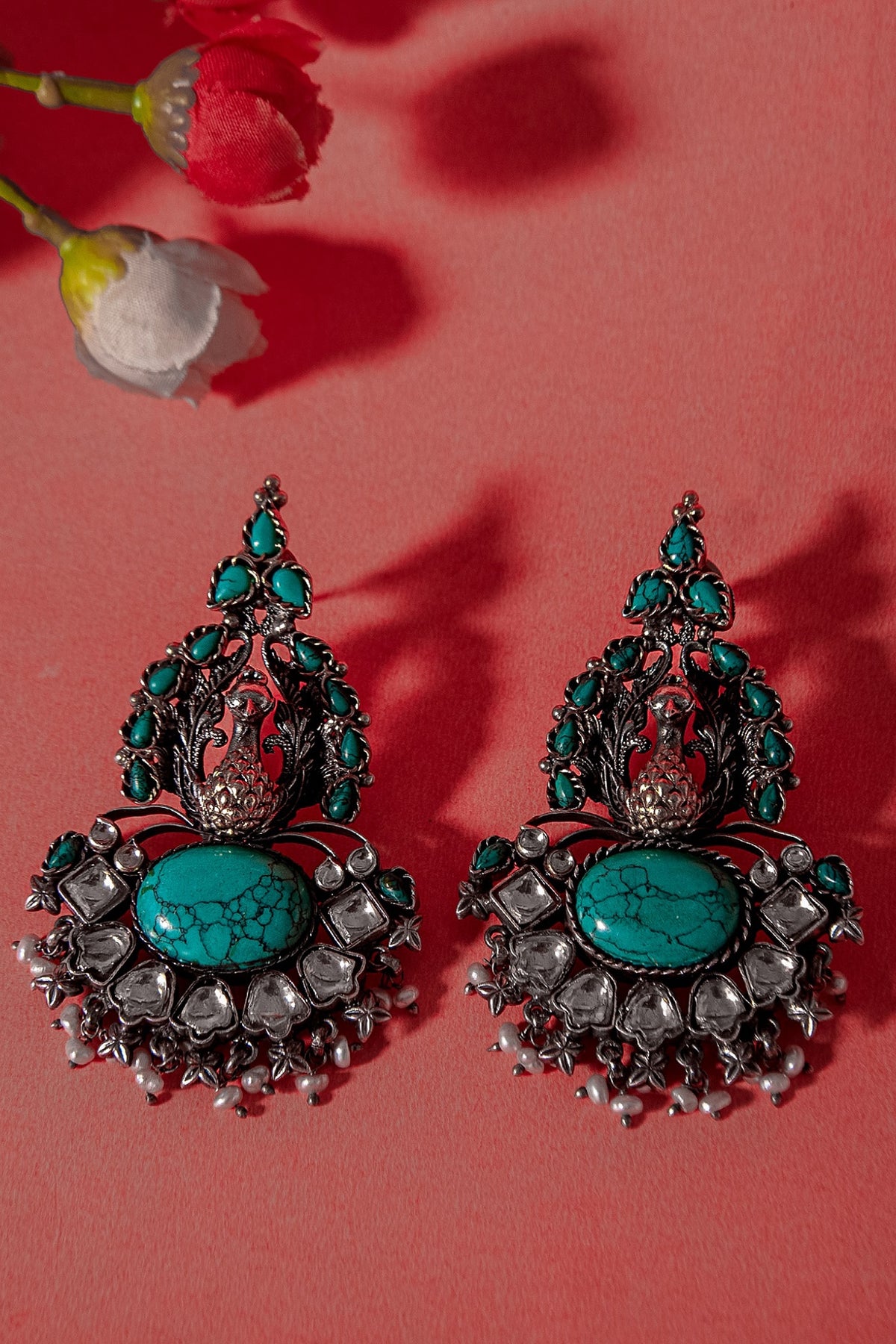 Gold Plated Turquoise Gemstone & Pearl Dangler Earrings In Sterling Silver