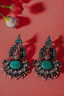Gold Plated Turquoise Gemstone & Pearl Dangler Earrings In Sterling Silver