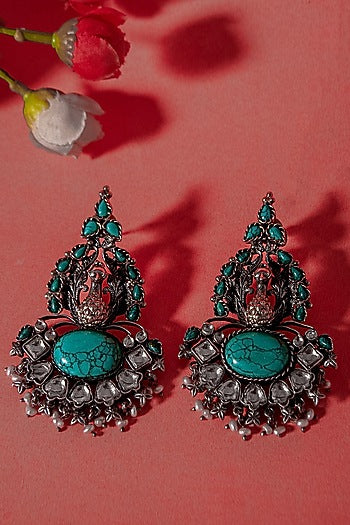 Gold Plated Turquoise Gemstone & Pearl Dangler Earrings In Sterling Silver