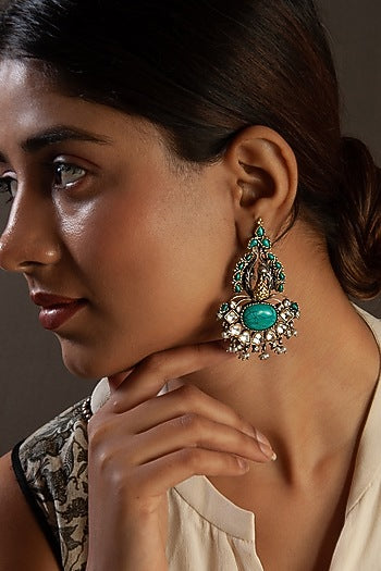 Gold Plated Turquoise Gemstone & Pearl Dangler Earrings In Sterling Silver