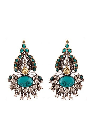 Gold Plated Turquoise Gemstone & Pearl Dangler Earrings In Sterling Silver