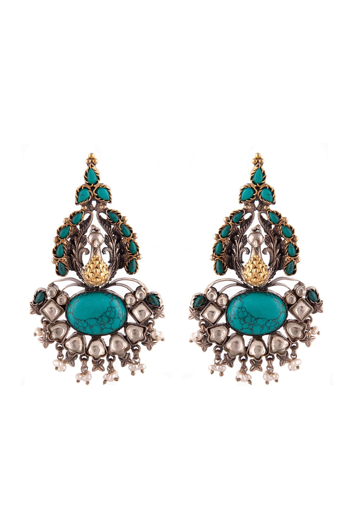 Gold Plated Turquoise Gemstone & Pearl Dangler Earrings In Sterling Silver