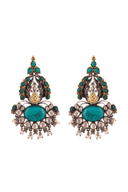 Gold Plated Turquoise Gemstone & Pearl Dangler Earrings In Sterling Silver