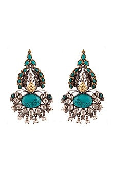 Gold Plated Turquoise Gemstone & Pearl Dangler Earrings In Sterling Silver