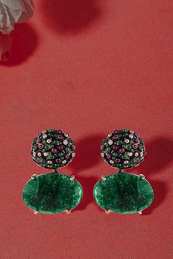 Gold Plated Green Gemstone Stud Earrings In Sterling Silver