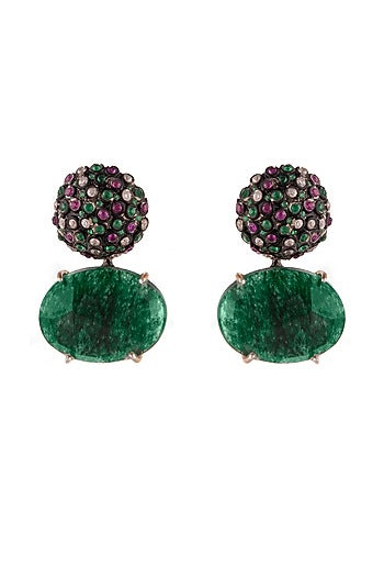 Gold Plated Green Gemstone Stud Earrings In Sterling Silver