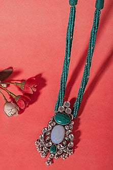 White Plated Turquoise & Blue Gemstone Long Necklace In Sterling Silver