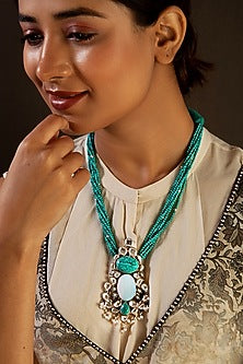 White Plated Turquoise & Blue Gemstone Long Necklace In Sterling Silver