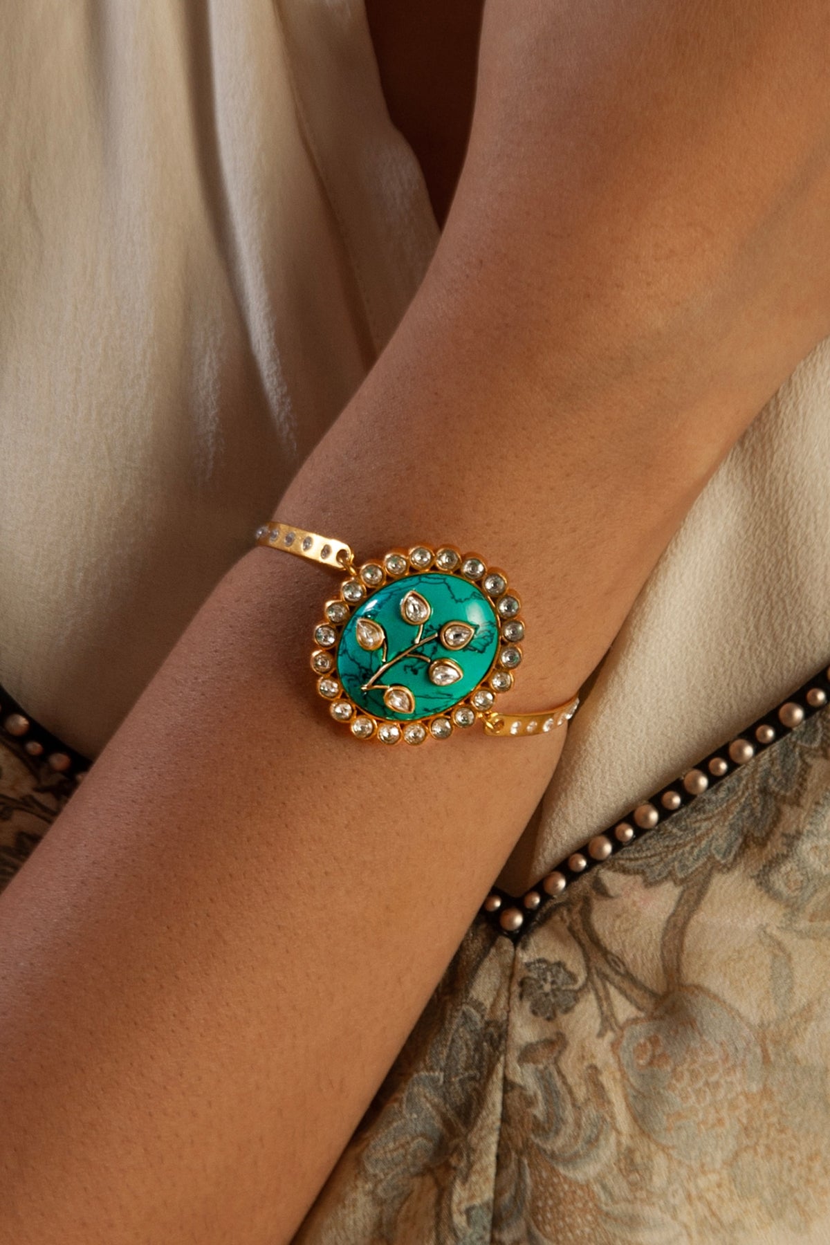 Gold Plated Kundan & Turquoise Gemstone Bracelet In Sterling Silver