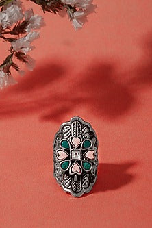 White Plated Multi-Colored Kundan Polki Ring In Sterling Silver