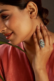 White Plated Multi-Colored Kundan Polki Ring In Sterling Silver