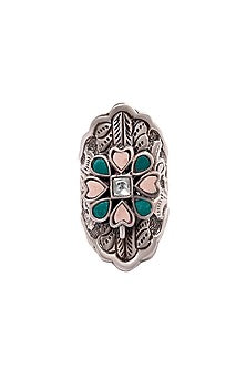 White Plated Multi-Colored Kundan Polki Ring In Sterling Silver