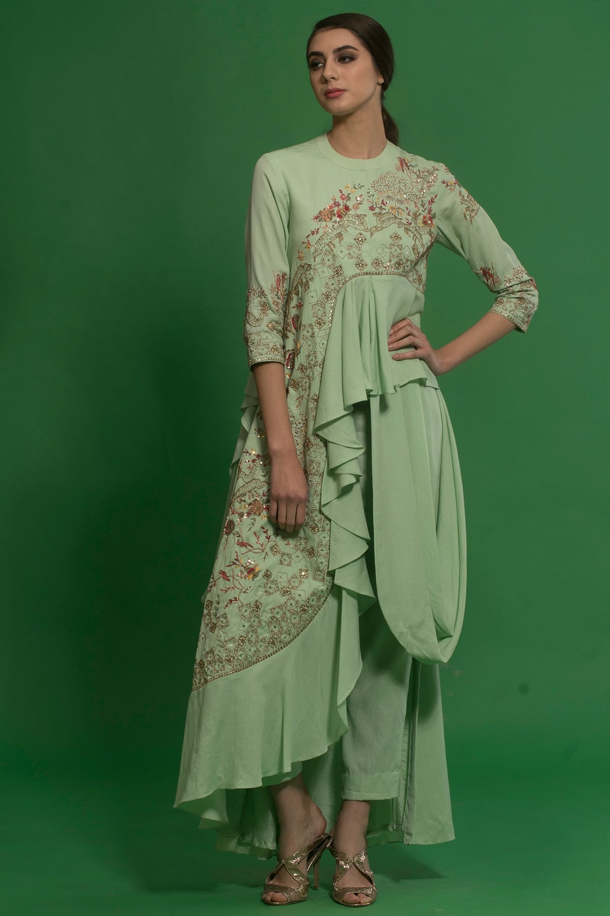 Spring Green Embroidered Drape Kurta Set