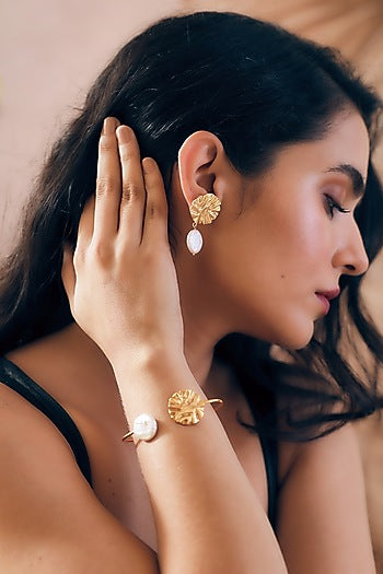 Gold Finish Pearl Handcrafted Dangler Earrings With Cuff