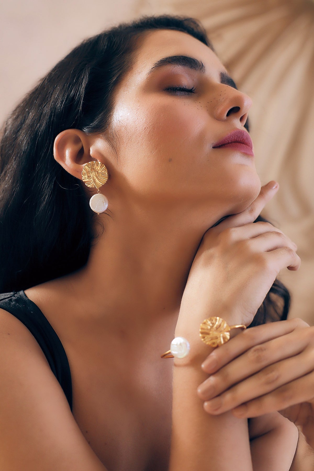 Gold Finish Pearl Handcrafted Dangler Earrings With Cuff