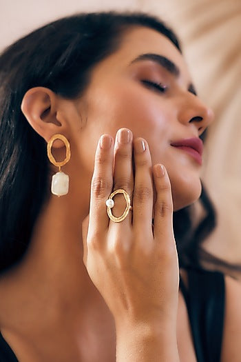 Gold Finish Pearl Handcrafted Dangler Earrings With Ring