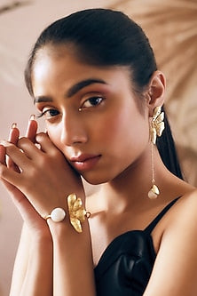 Gold Finish Pearl Handcrafted Dangler Earrings With Cuff