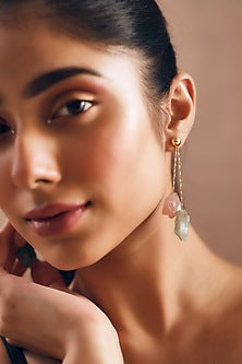 Gold Finish Rose Quartz & Aquamarine Stone Dangler Earrings