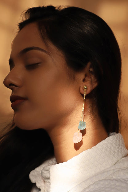 Gold Finish Rose Quartz & Aquamarine Stone Dangler Earrings