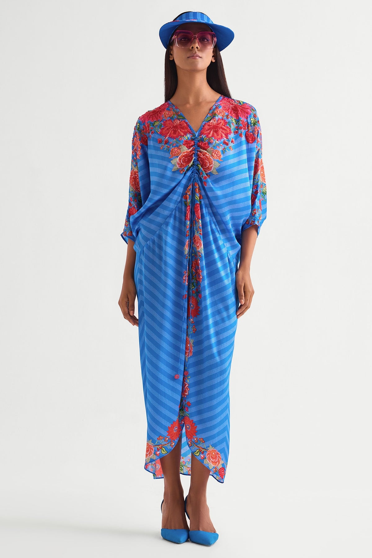 German Blue Satin Floral Drawstring Dress