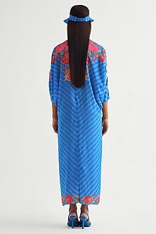 German Blue Satin Floral Drawstring Dress
