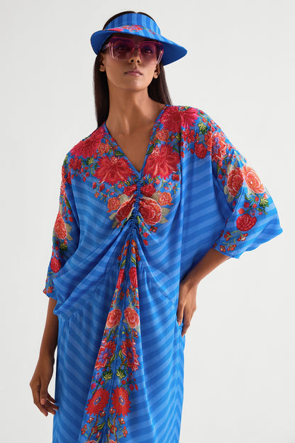 German Blue Satin Floral Drawstring Dress