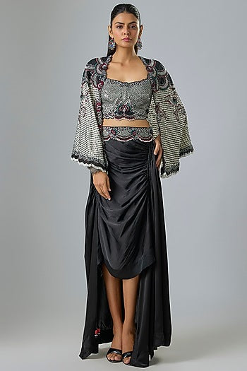 Black Satin Drawstring Skirt Set