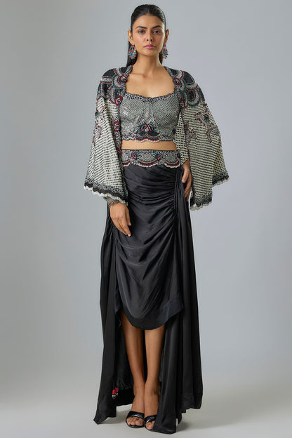 Black Satin Drawstring Skirt Set