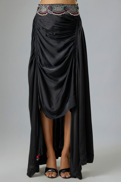Black Satin Drawstring Skirt Set