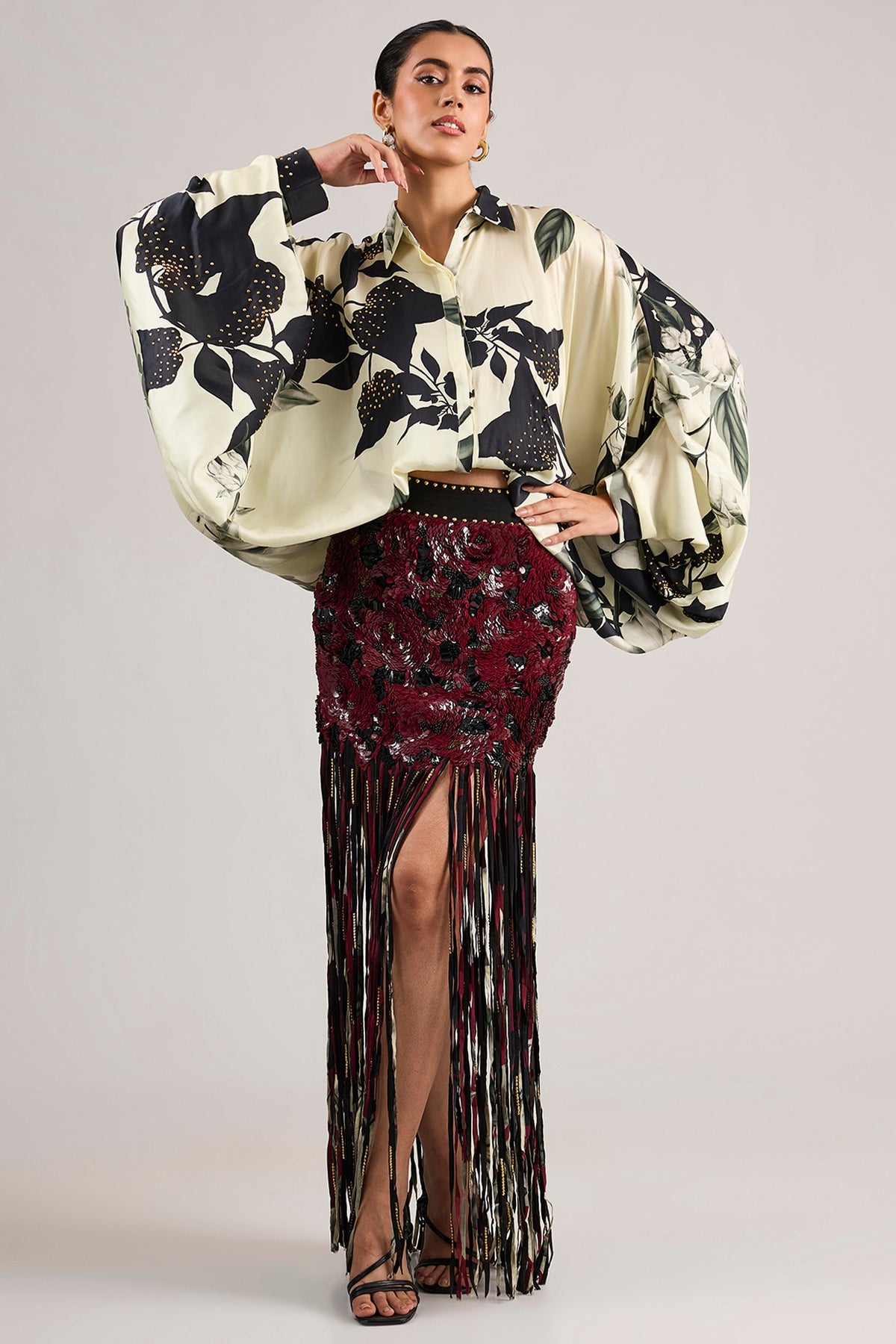 Burgundy Lycra Sequins Embroidered Fringed Skirt Set