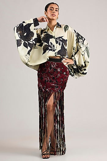 Burgundy Lycra Sequins Embroidered Fringed Skirt Set
