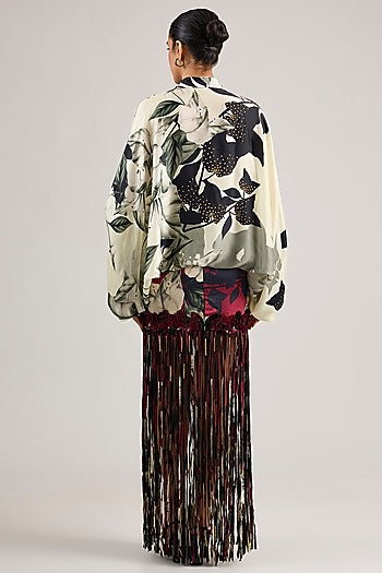 Burgundy Lycra Sequins Embroidered Fringed Skirt Set