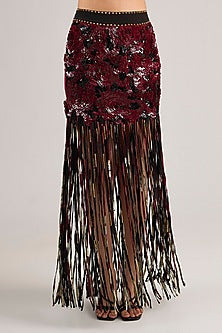 Burgundy Lycra Sequins Embroidered Fringed Skirt Set