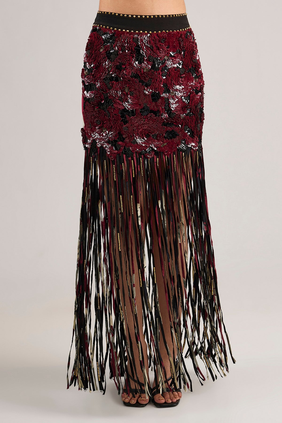 Burgundy Lycra Sequins Embroidered Fringed Skirt Set