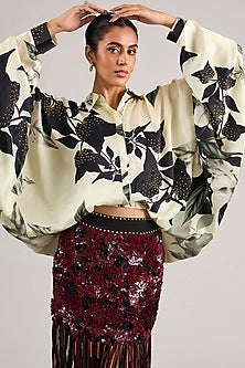 Burgundy Lycra Sequins Embroidered Fringed Skirt Set