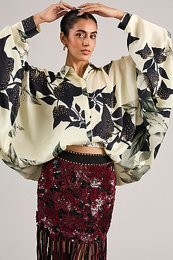 Burgundy Lycra Sequins Embroidered Fringed Skirt Set