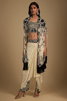 Ivory Georgette Sequin Hand Embroidered Fringed Cape Set