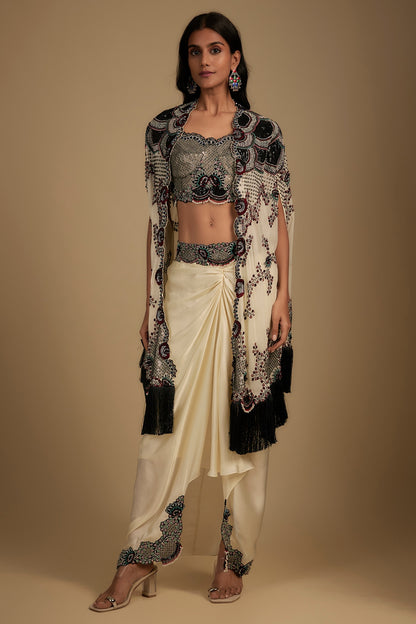Ivory Georgette Sequin Hand Embroidered Fringed Cape Set