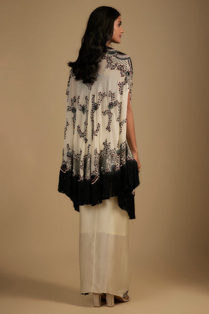 Ivory Georgette Sequin Hand Embroidered Fringed Cape Set