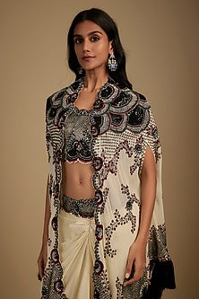 Ivory Georgette Sequin Hand Embroidered Fringed Cape Set