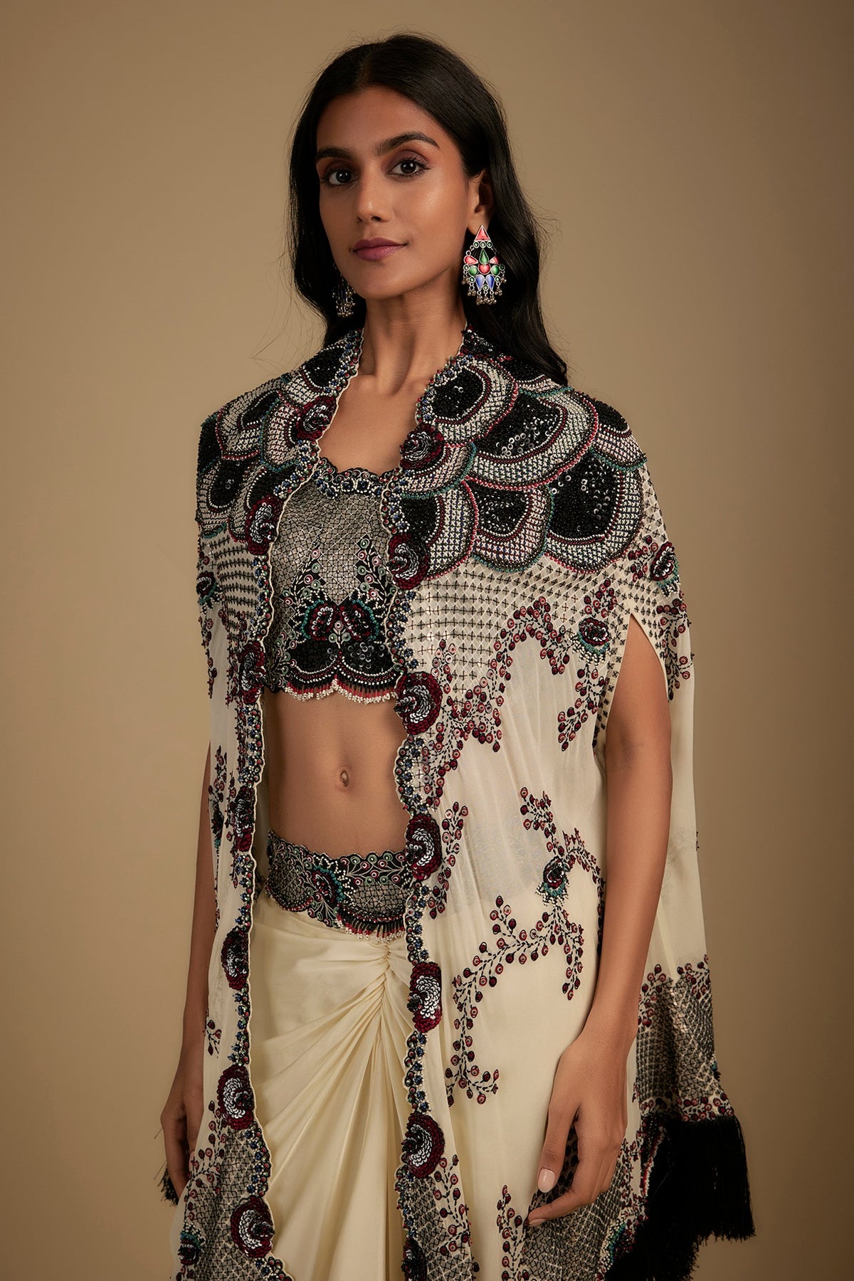 Ivory Georgette Sequin Hand Embroidered Fringed Cape Set