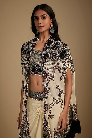 Ivory Georgette Sequin Hand Embroidered Fringed Cape Set