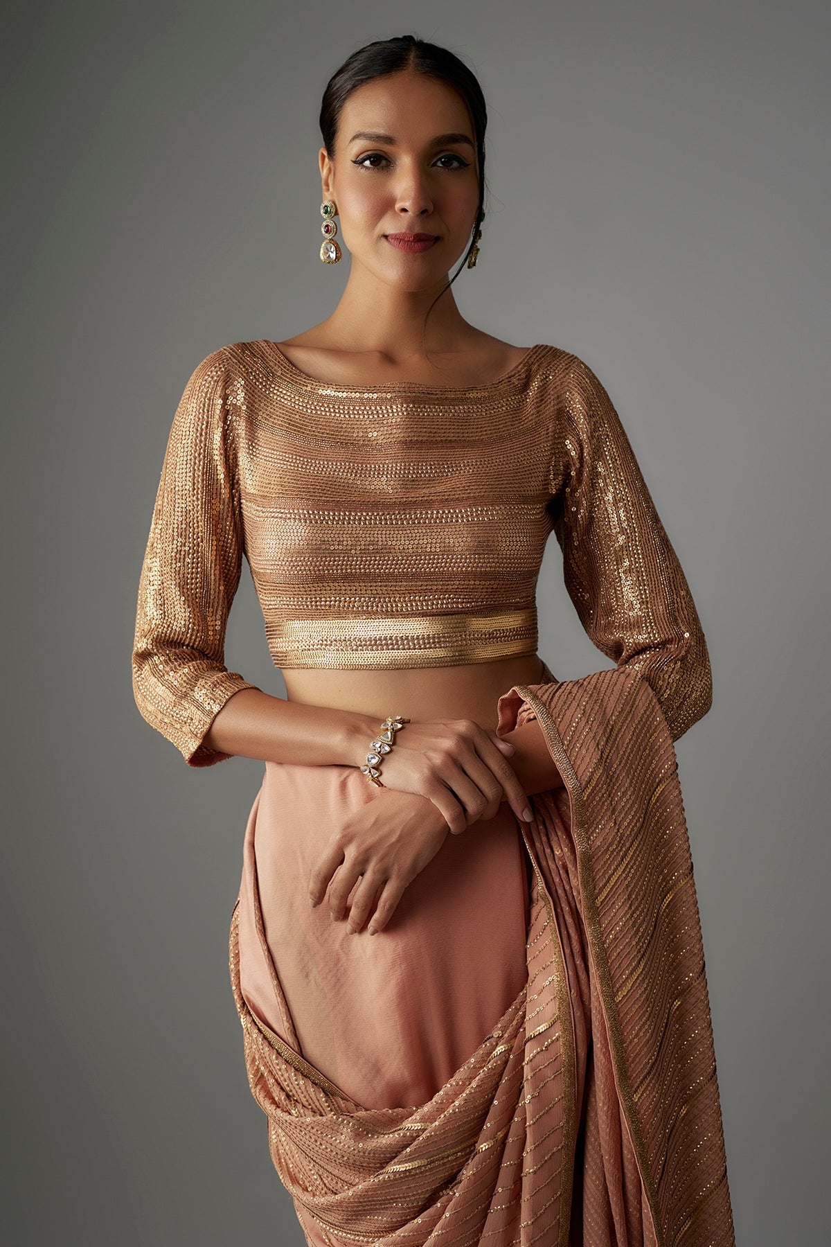 Kadambari Pink Chiffon Sequins Embroidered Saree Set