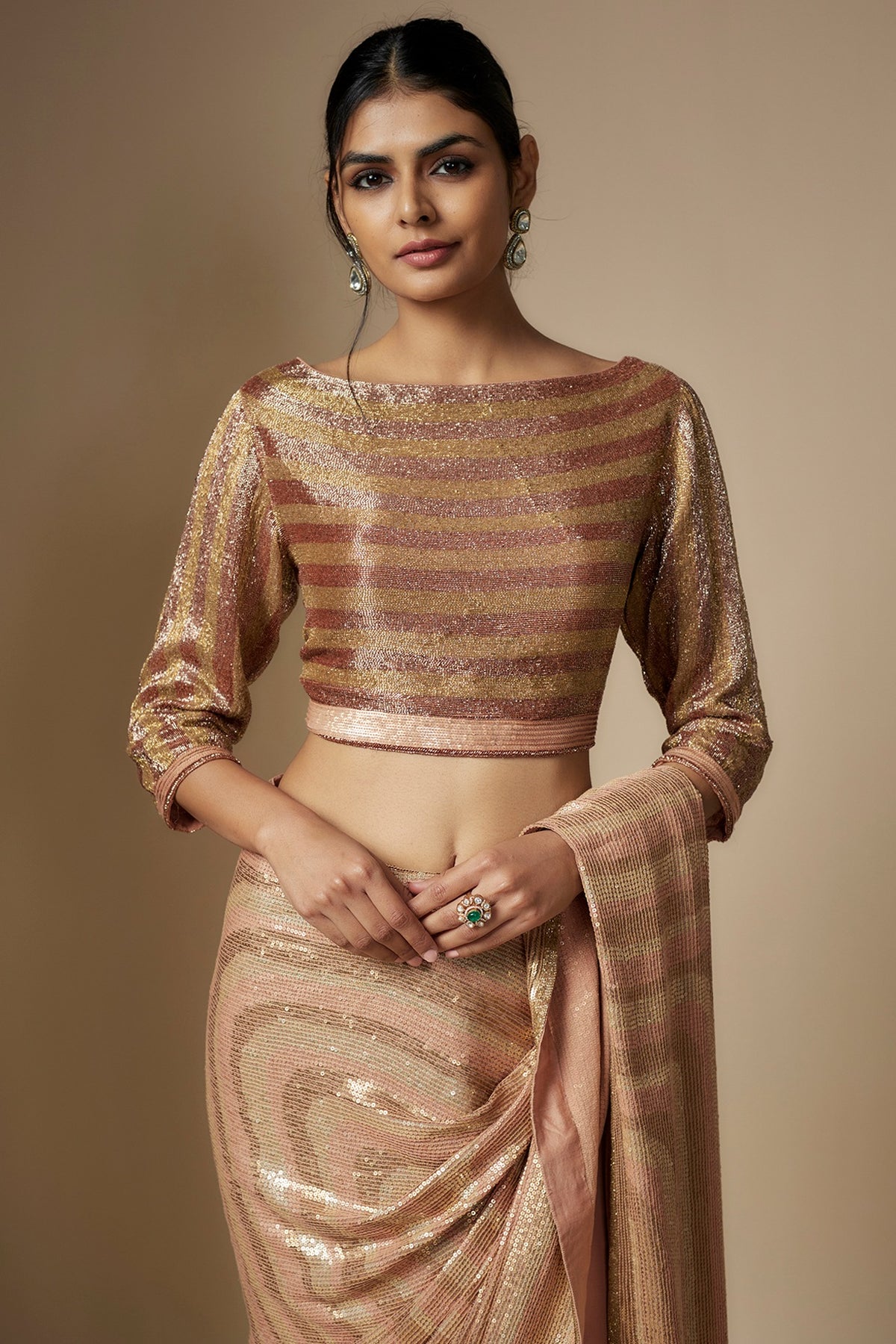 Kadambari Pink Chiffon Sequins Embroidered Saree Set