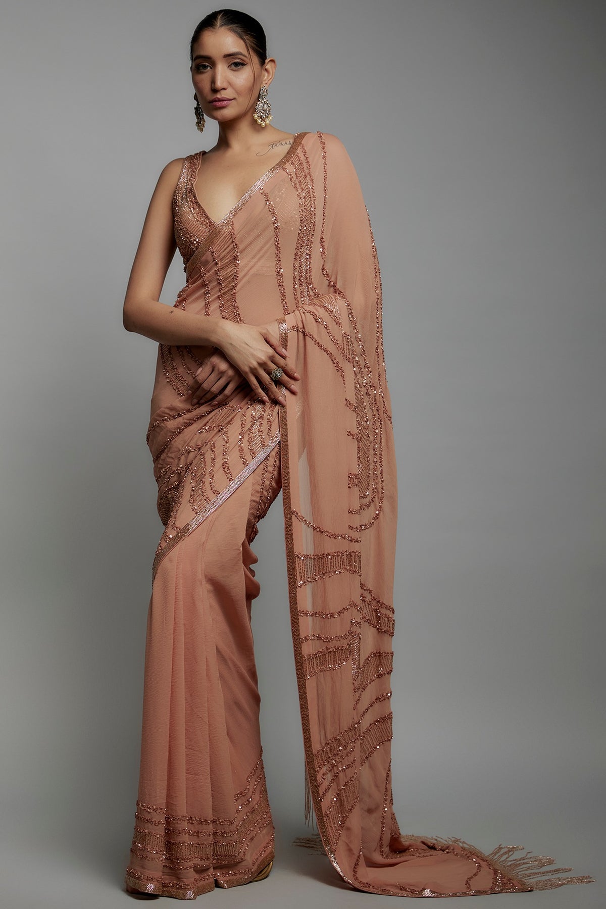 Kadambari Pink Chiffon Sequins Embroidered Saree Set