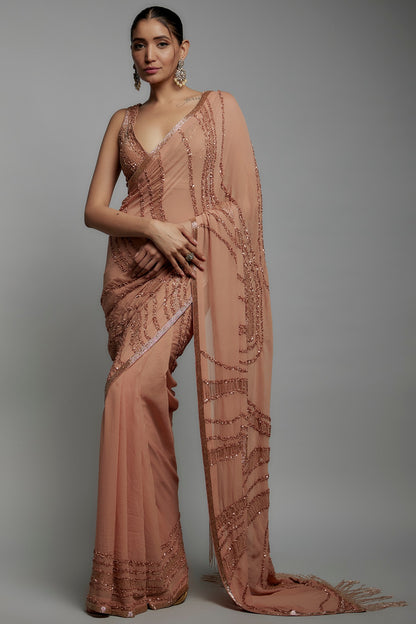 Kadambari Pink Chiffon Sequins Embroidered Saree Set