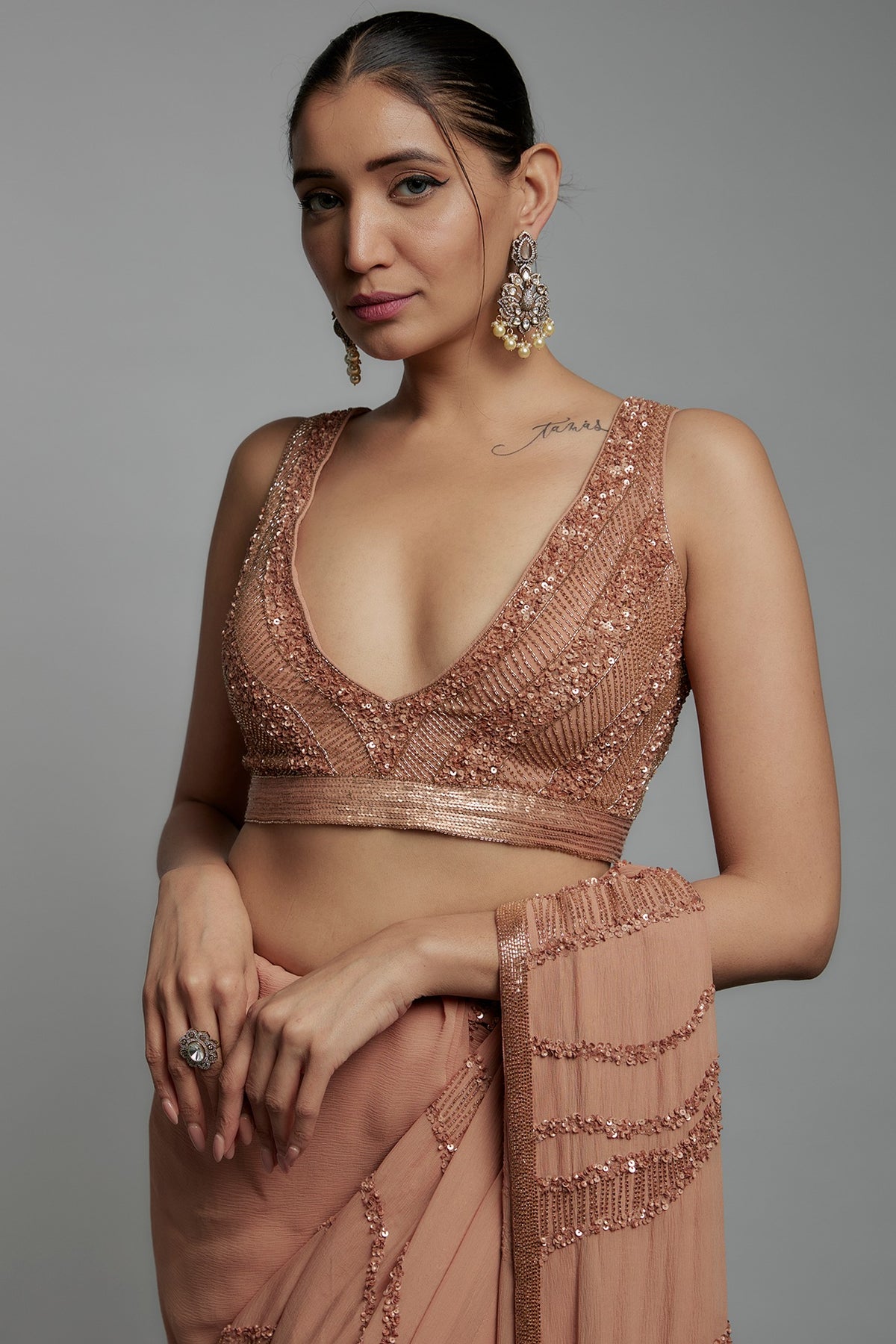 Kadambari Pink Chiffon Sequins Embroidered Saree Set