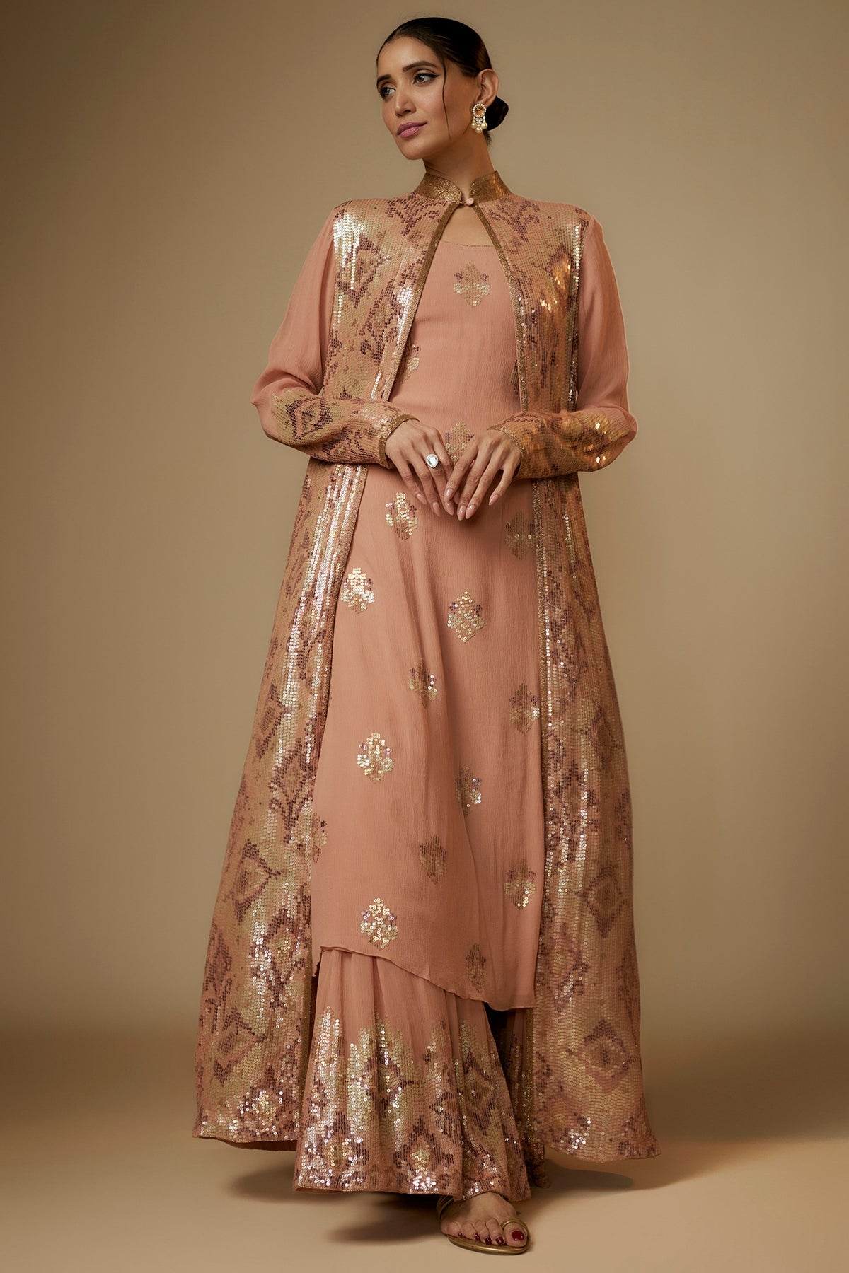 Kadambari Pink Chiffon Sequins Embroidered Jacket Set