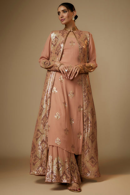 Kadambari Pink Chiffon Sequins Embroidered Jacket Set